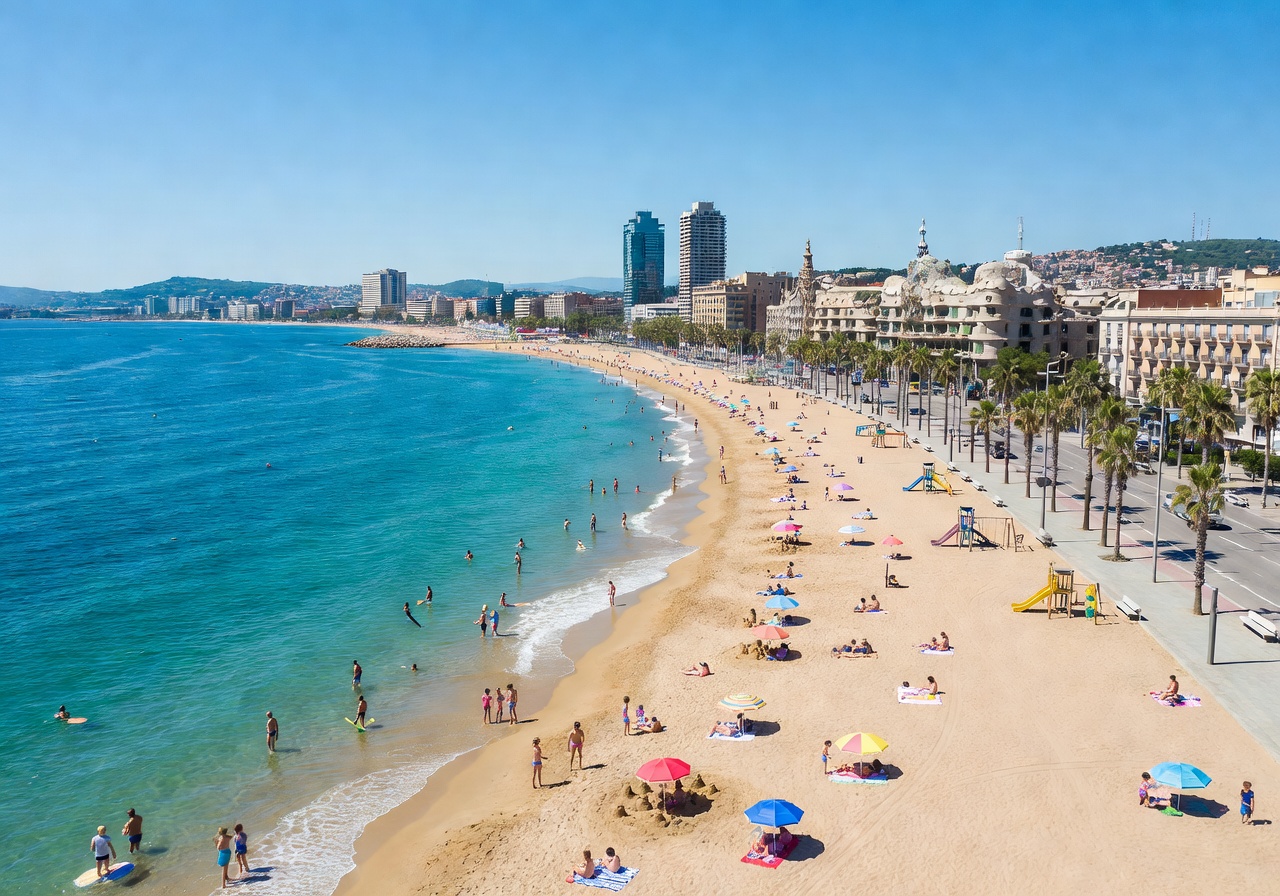 Aerial view of Barcelona coastline and urban beach perfect for families