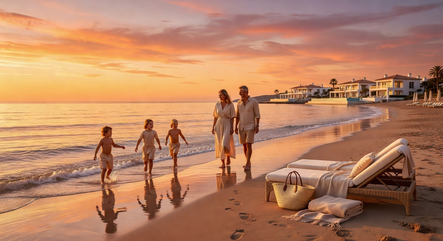 Beautiful warm sunset over a calm Spanish beach reflecting luxury family travel