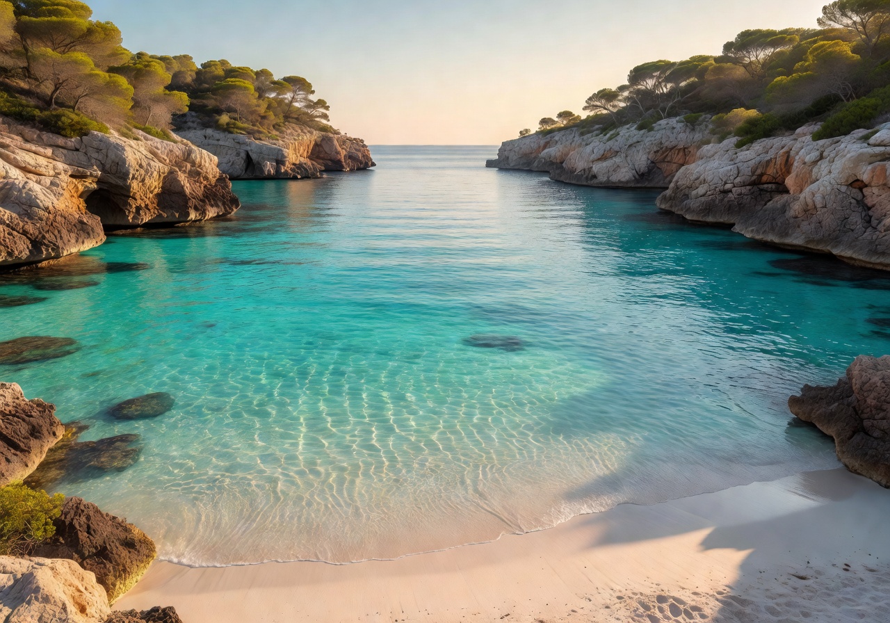Crystal clear turquoise waters in a calm cove in Mallorca