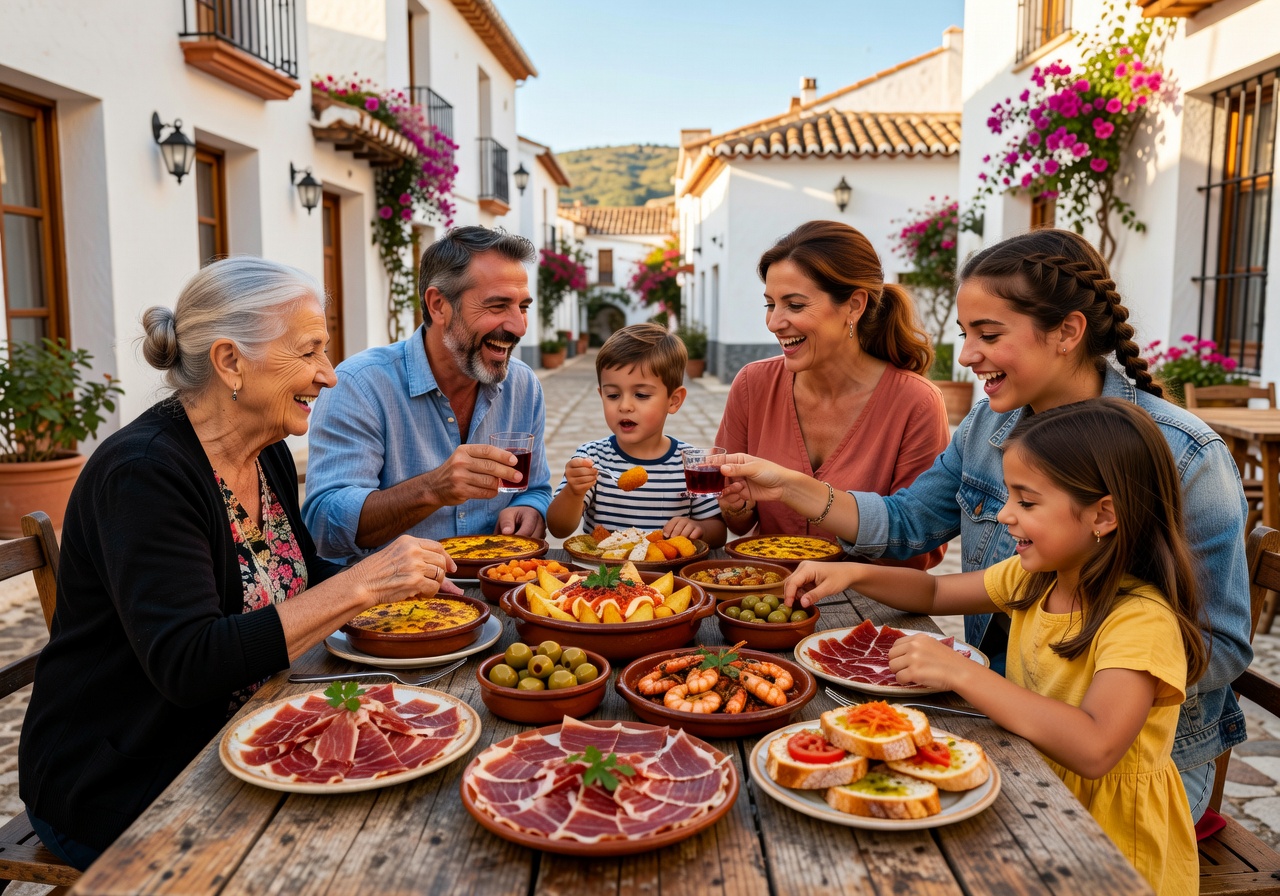 Family enjoying Spanish tapas cuisine