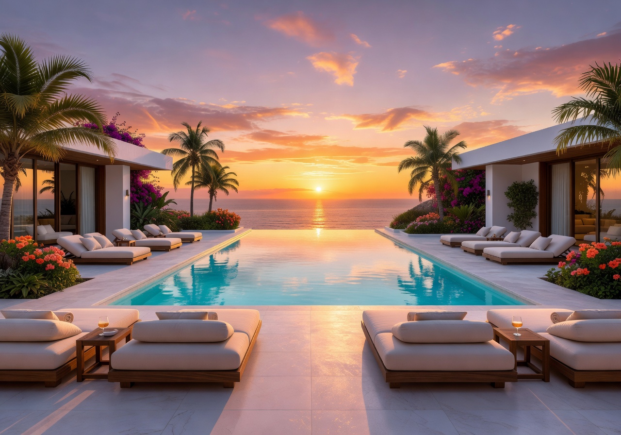 Luxury resort pool at sunset in Tenerife