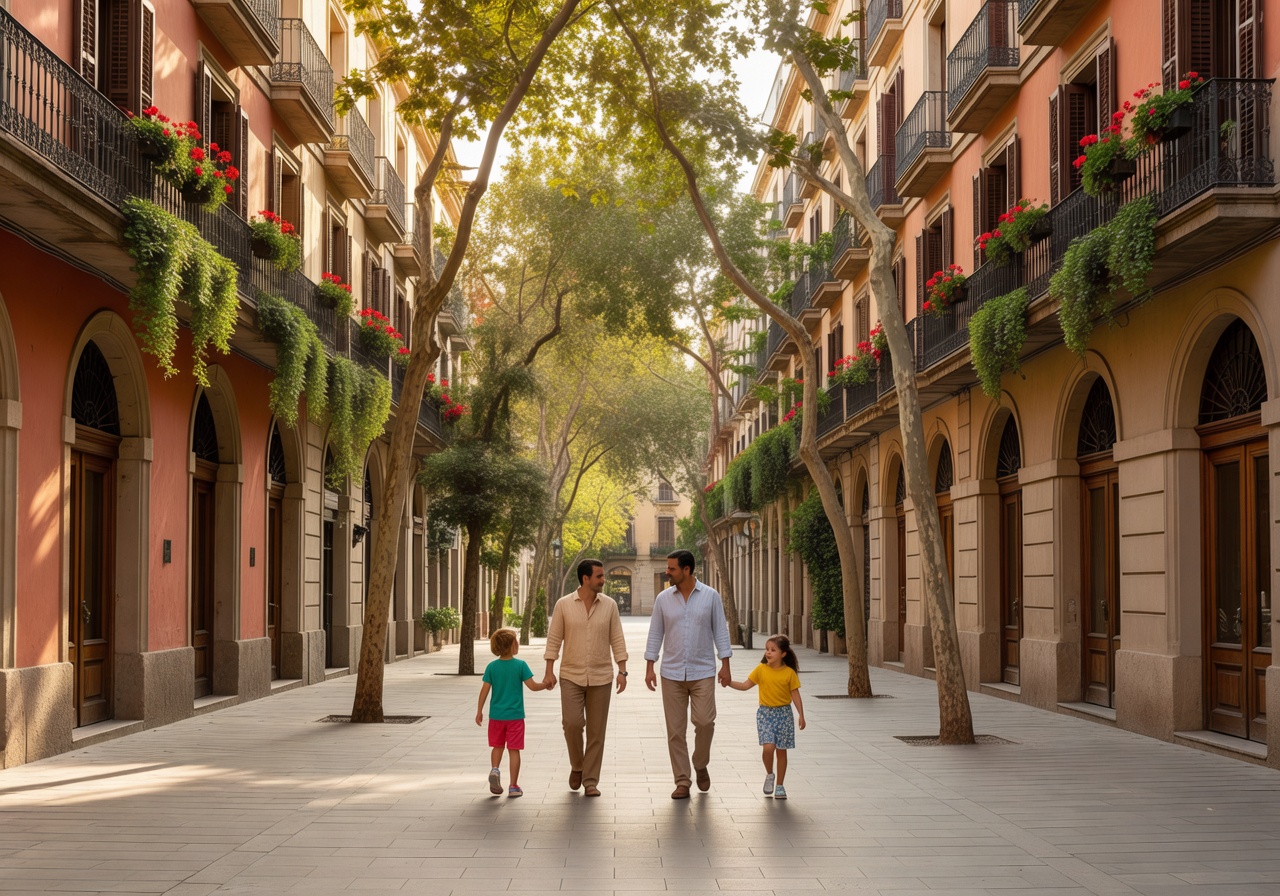 Quiet street in Barcelona perfect for a relaxing family stroll