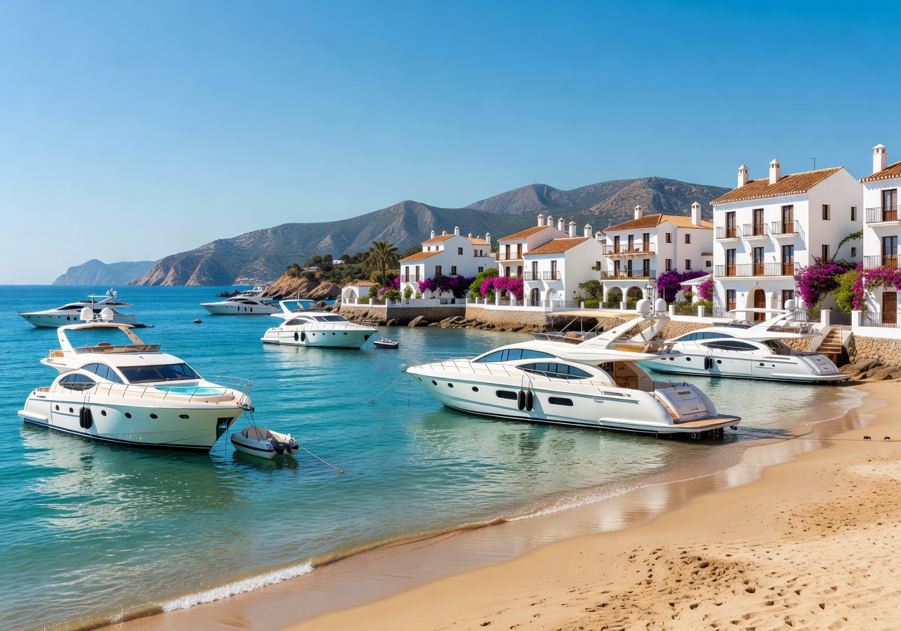 Sunny coastline and luxury yachts in Costa del Sol, Spain